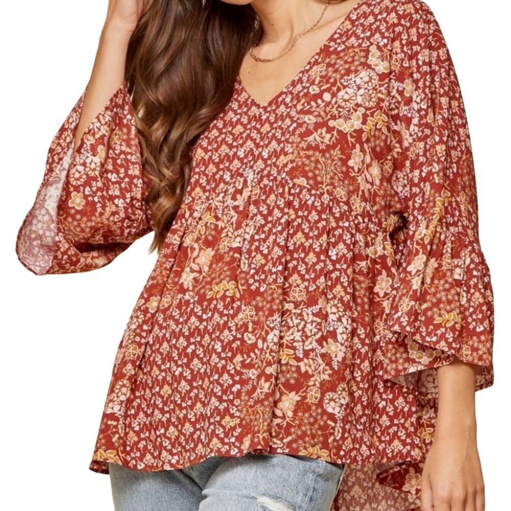 Andree by Unit Red Orange Autumn Floral Boho Bell Sleeve Top Size Small